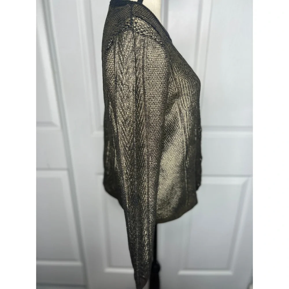 Boston Proper Cardigan Metallic Gold L Black Hook Eye Cable Knit Shimmer Sweater